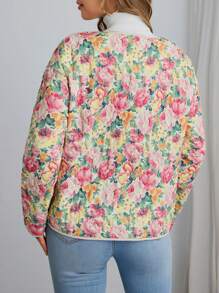 SHEIN VCAY 女士花卉印花长袖口袋短款夹棉外套，冬季 - 黃色 - 查看 3