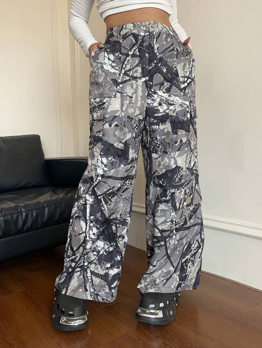 Flirla Plus Size Women Branch Print Patch Pocket Wide Leg Loose Pants Fall Cloth For Women - Multicolor - View 1