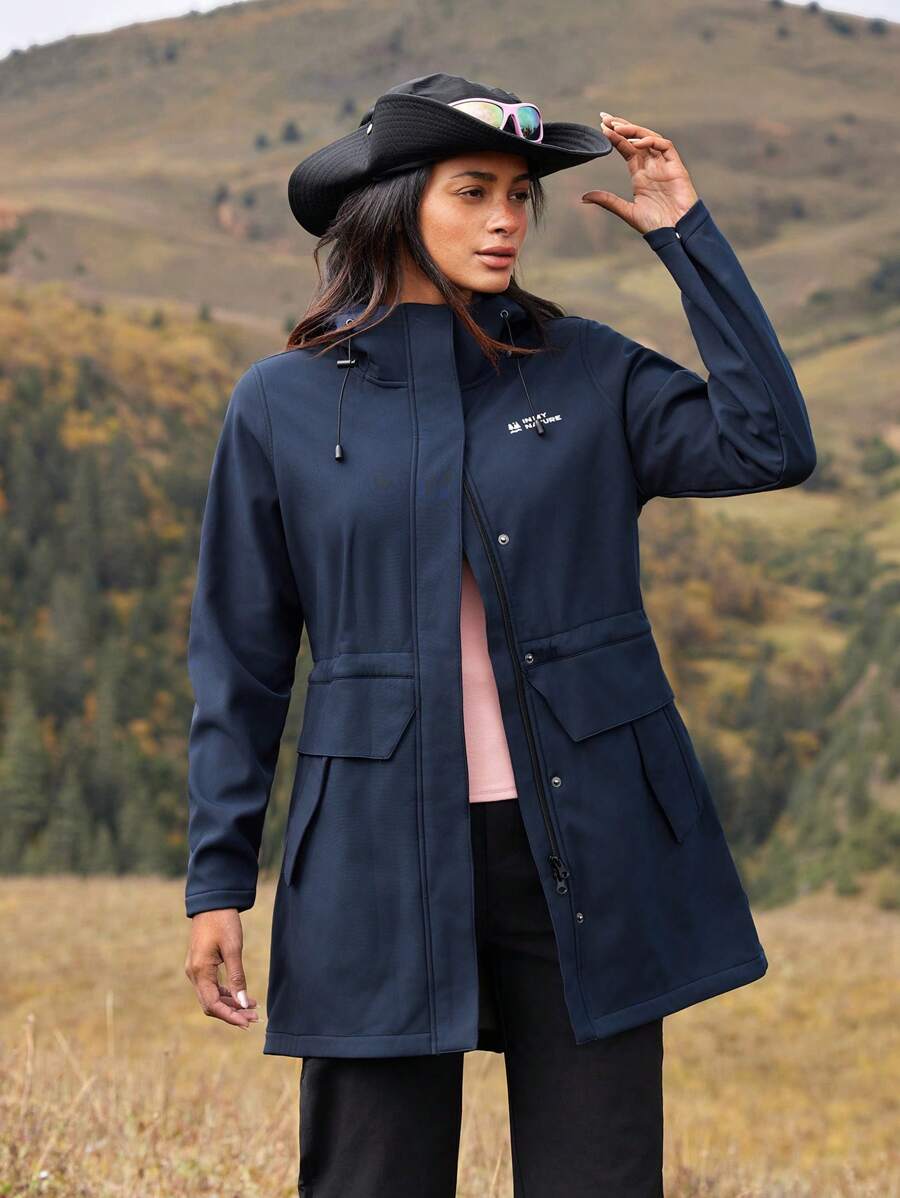 In My Nature Women's Outdoor Hooded Mid-Length Composite Sherpa Windbreaker Jacket, Water-Resistant, Cinched Waist, For Camping, Hiking, Commuting