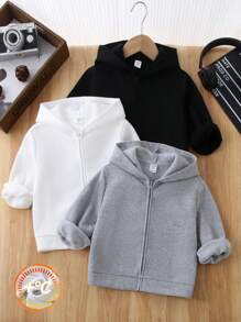 SHEIN Leap Crew Buy 1 Get 1 Free Plush Fabric Casual Hooded Jacket, Comfortable, Versatile And Practical Design, Suitable For Young Boys, Ideal For School, Daily Wear, Outdoor Activities And Autumn/Winter Season. - Khaki - View 1