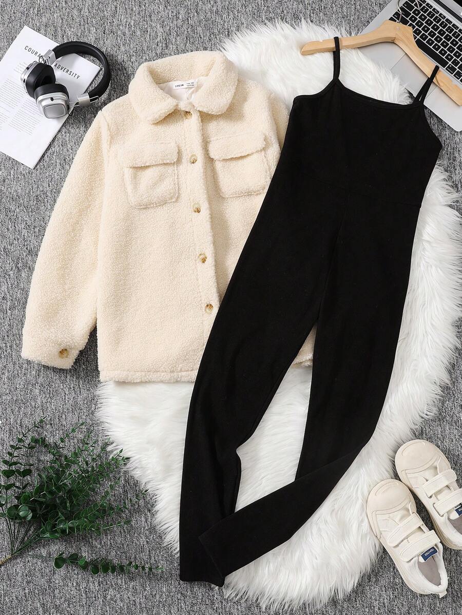 SHEIN Leap Crew 少女黑白罗纹拉绒连体裤搭配仿羊羔绒衬里开襟宽松保暖外套套装，适合秋季、冬季、感恩节、新年等休闲场合。 - 黑與白 - 查看 1