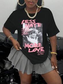 SHEIN 圆领长袖字母印花简约T恤，休闲日常穿搭图案T恤，女士春季上衣 - 黑色 - 查看 4