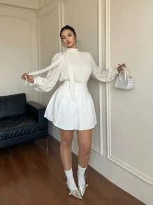 Flirla 大码半透明蕾丝领口系带衬衫，优雅 - 杏色 - 查看 6