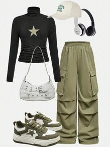 Tween Girls Casual Fuzzy Ribbed Turtleneck Patched Star T-Shirt And Relaxed Cargo Pants Set In Military Green - Army Green - View 1