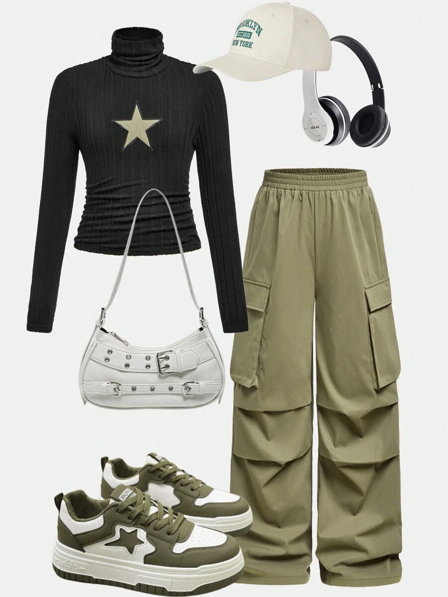 Tween Girls Casual Fuzzy Ribbed Turtleneck Patched Star T-Shirt And Relaxed Cargo Pants Set In Military Green - Army Green - View 1