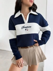 EURMUSE College Look Flag Embroidered Fleece Back Color Block Collar Sweatshirt - Multicolor - View 3