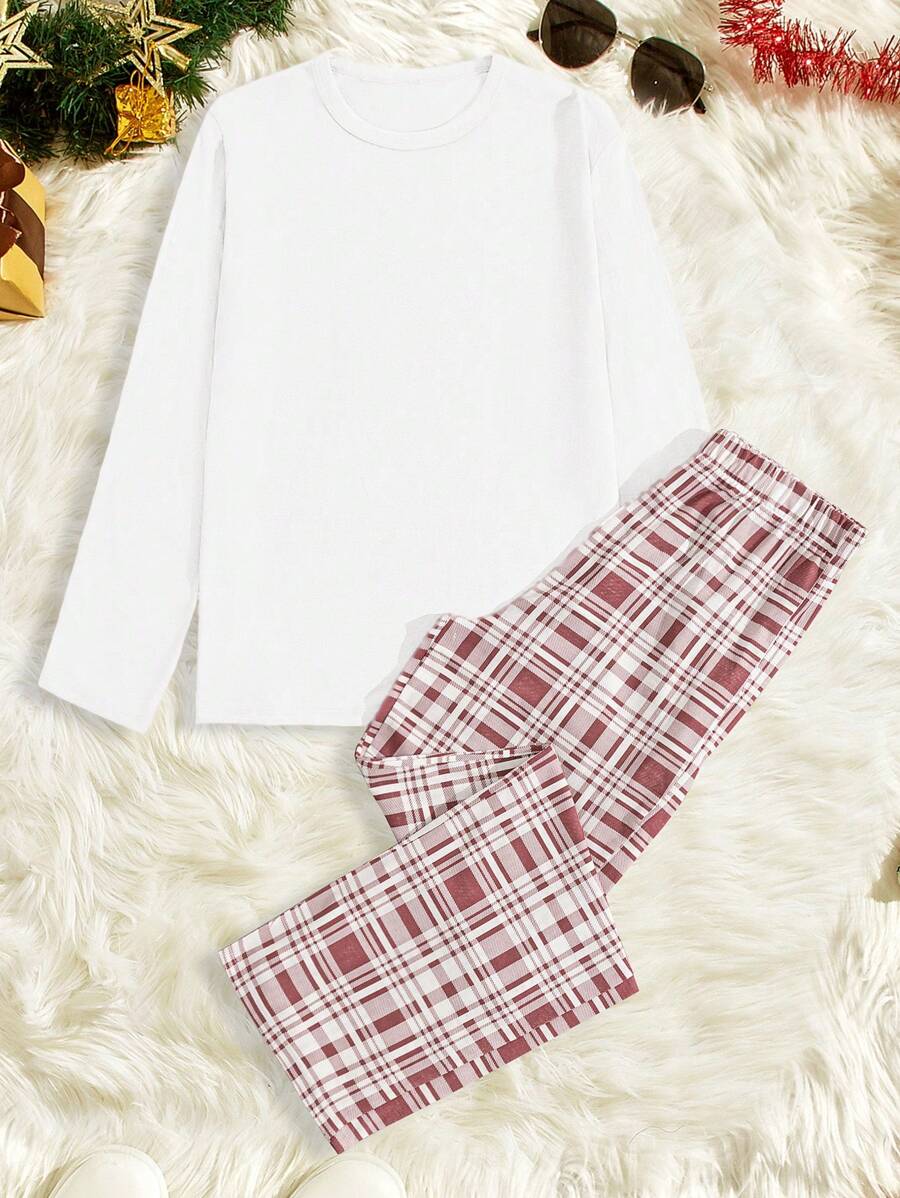 SHEIN Cottnline Men Christmas Solid Regular Longsleeve Homewear Set - White - View 1