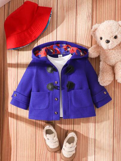 Unisex baby pojkar och flickor Klassisk brittisk stil blå huva duffle coat med foder med björntryck, varm och bekväm, lämplig för jul, nyårshelger, höst/vinter ytterkläder, fest och fotografering