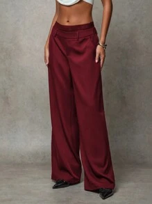 SHEIN BAE Pantalones anchos de cintura baja sueltos con bolsillo, parche de encaje retro, doble cinturilla, aptos para el invierno/otoño, de uso casual/moda al aire libre/versátil casual para mujer, en color negro liso