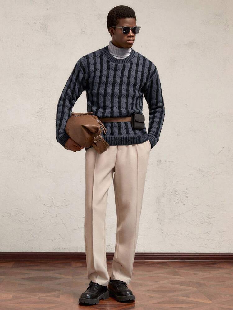 Men's Striped Crew Neck Contrast Patchwork Loose Drop Shoulder Long Sleeve Knit Sweater, Suitable For Autumn/Winter