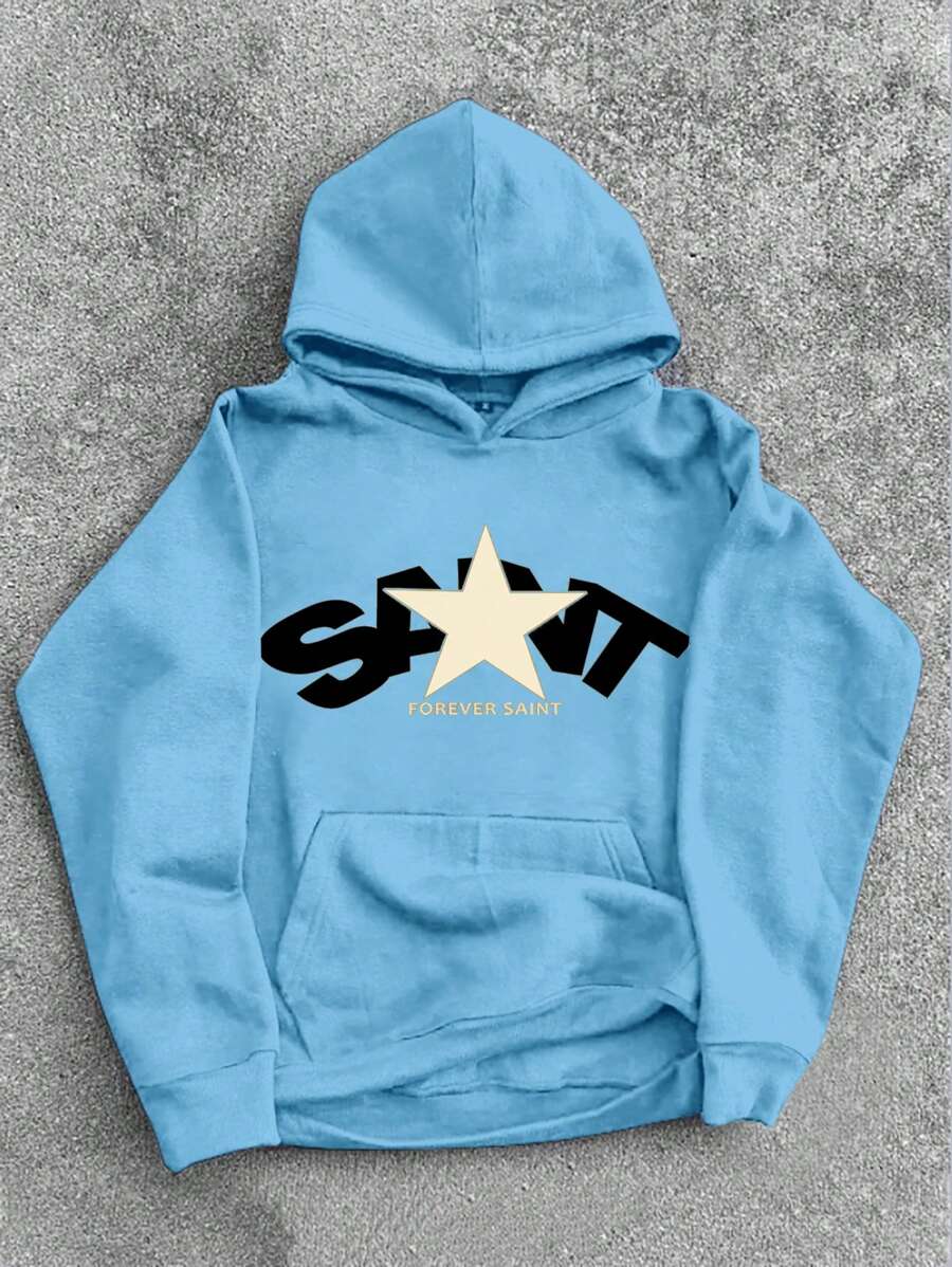 Manfinity Hypemode Áo hoodie nỉ in chữ và sao thường ngày cho nam màu xanh, Thu/Đông - Màu xanh nhạt - Xem 1