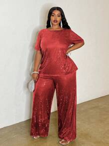 Slaydiva Plus Size Glitter Embellished Round Neck Short Sleeve Top And Pants 2 Pieces Set, For Early Autumn
