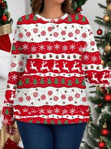Polina Brazil Artist Plus Size Women Christmas Deer Print Loose Fit Crewneck Sweatshirt For Winter, Holiday, New Year, Vacation, Spring, Festival - Red - View 3