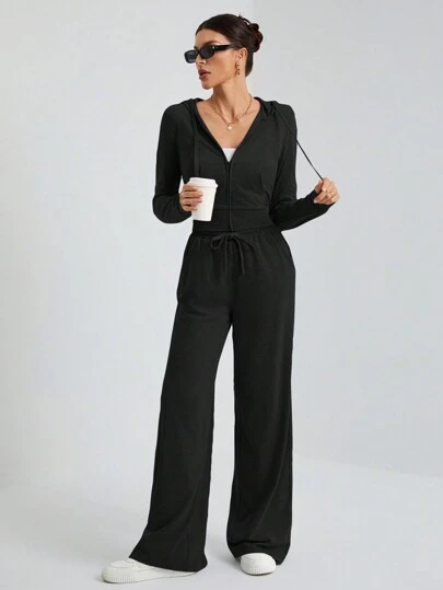 SHEIN Tall 休闲街头灰色连帽中前拉链紧身上衣+阔腿裤两件套