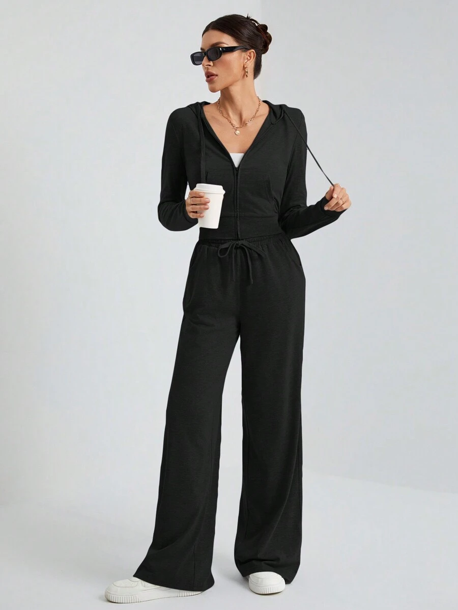 SHEIN Tall 休闲街头灰色连帽中前拉链紧身上衣+阔腿裤两件套 - 黑色 - 查看 1