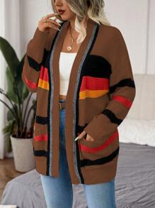 Calvaya Plus Size Women Striped Drop Shoulder Long Sleeve Pocket Casual Cardigan, Autumn/Winter