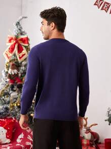 Manfinity VCAY Men's Casual Round Neck Dropped Shoulder Long Sleeve Deer Pattern Graphic Colorful Sweater, Suitable For Autumn/Winter, Christmas, Couples & Family Party, Husband - Navy Blue - View 2