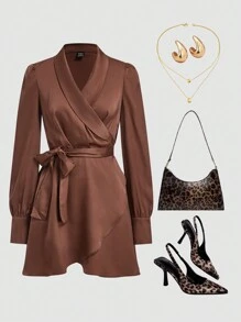 Gownix Elegant Women's Winter Long Sleeved Rust Brown Front Chest Overlapping Wrap, Cuffs With Pleated Satin Waistband, A-List Dress - Brown - View 1