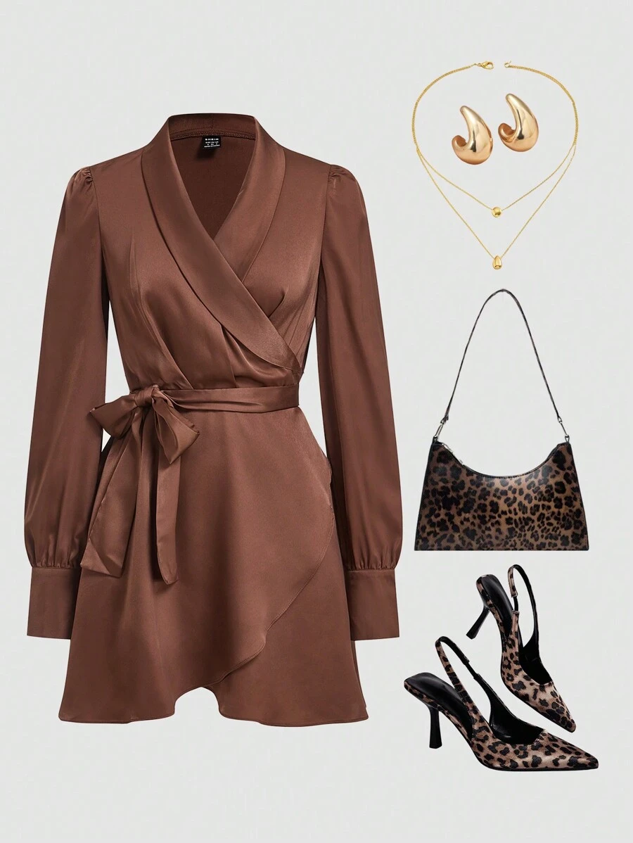Gownix Elegant Women's Winter Long Sleeved Rust Brown Front Chest Overlapping Wrap, Cuffs With Pleated Satin Waistband, A-List Dress - Brown - View 1