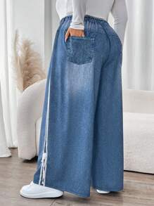 SHEIN CURVE+ Plus Size Denim Effect Wide Leg Pants With Side Bow - Blue - View 2