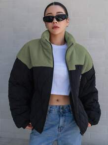 DAZY 女款休閒拼接加厚外套，冬季女裝，冬季女款夾克外套校園風 - 軍綠色 - 查看 3
