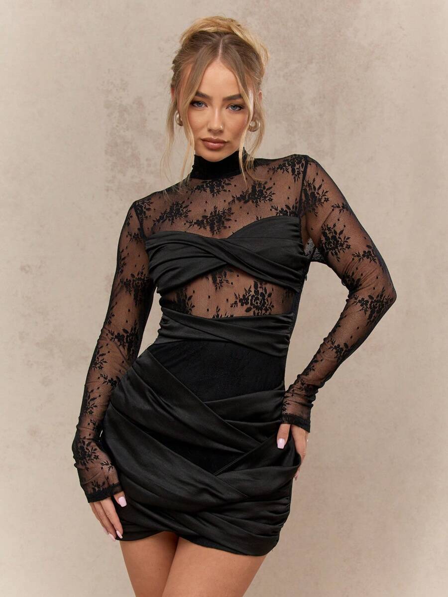 MISSGUIDED Lace Long Sleeve Satin Twisted Ruched Mini Dress - Black - View 1