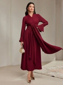 Modelyn Đầm dạ hội dài tay loe cổ chữ V màu trơn cho nữ, váy dài thanh lịch xếp ly - Màu Đỏ Sâu - Xem 2