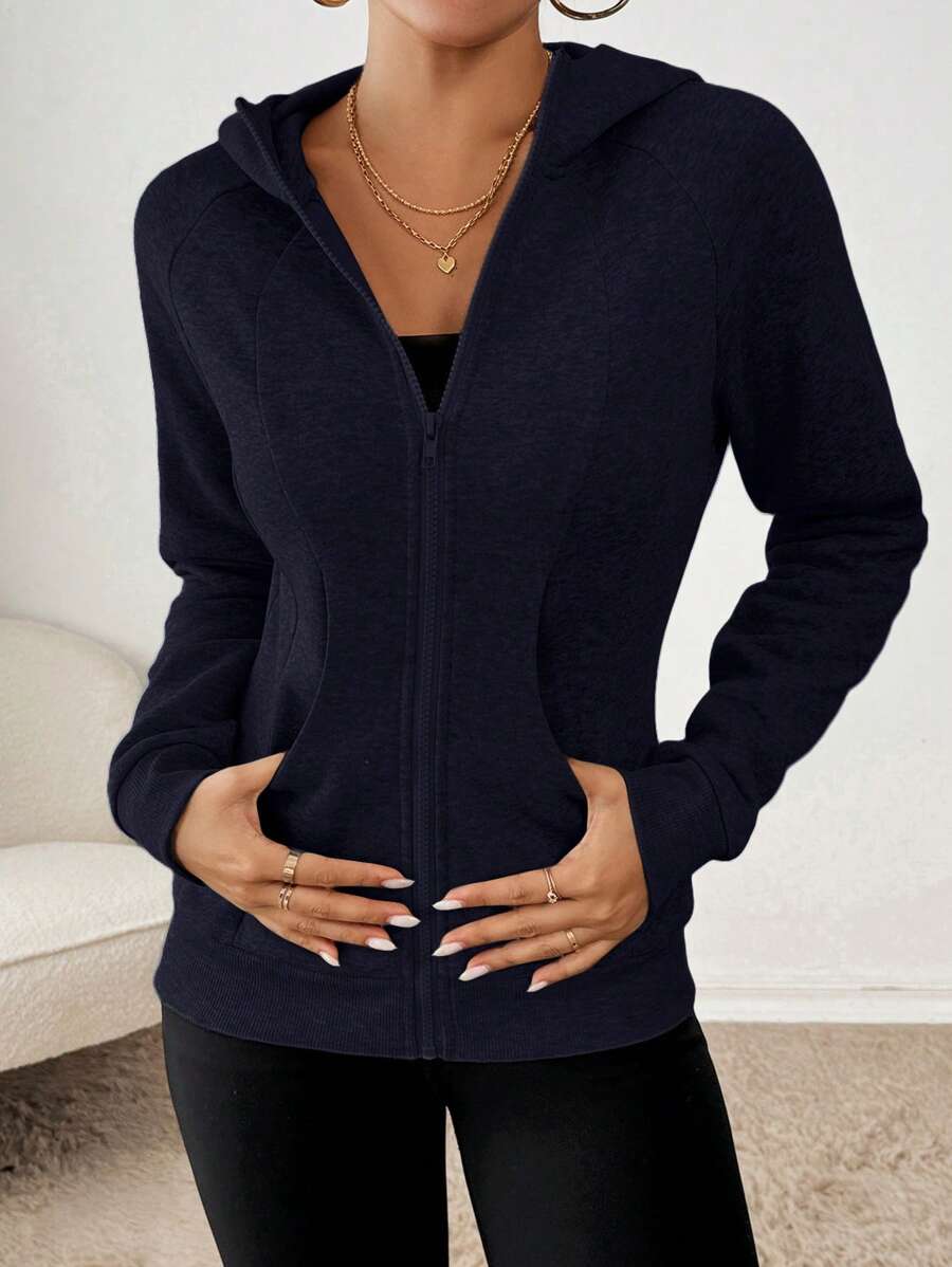 SHEIN Essnce Women's Casual Fashion Slim Fit Regular Hooded Long Sleeve Coat Zip Up Women Hoodie Essentials Hoodie Women Tracksuit Workout Jacket Fall Women Clothes - Navy Blue - View 1
