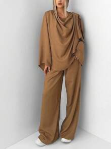 SHEIN Essnce 2 Stücke Damen Herbst einfarbige plissierte Langarm lose Bluse und Hose Lässig Mode Anzug - Braun - Übersicht 6