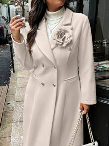 EMERY ROSE Plus Size Elegant Solid Color Overcoat With 3D Floral Decor, Autumn/Winter Fall Cloth For Women