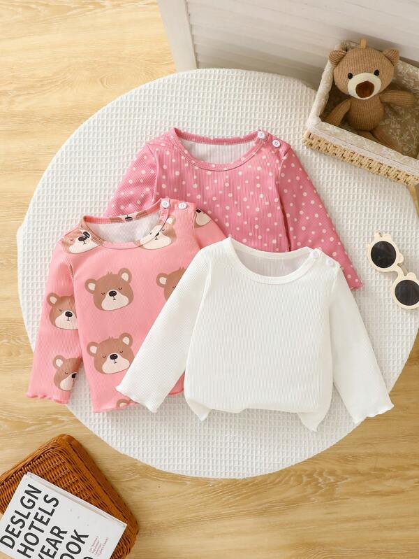 SHEIN Neugeborenen Baby Mädchen 3-teiliges Set, rosa & weißes Top mit niedlichem Grafik- und Punktemuster, reizende Outfit für jede Gelegenheit
