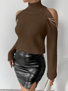 Chiquease Solid Color Turtleneck Hollow Out Long Sleeve Sweater - Coffee Brown - View 5