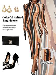 SHEIN Lady 秋冬季优雅彩色针织立领直筒羊腿袖中长袖大码连衣裙 - 彩色 - 查看 1