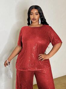 Slaydiva Plus Size Glitter Embellished Round Neck Short Sleeve Top And Pants 2 Pieces Set, For Early Autumn