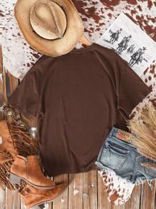 SHEIN EZwear Oversized Western Cowboy Boot Print Round Neck Short Sleeve Loose T-Shirt, Casual Pullover Tee For Women, Suitable For Summer, Nomadic Style