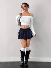 Muchica 1 件女式纯色褶皱简约天鹅绒 A 字裙，休闲日常穿着