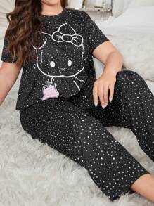 Rabbit Bow Decor Casual Sleepwear Set, Suitable For All Seasons, Plus Size