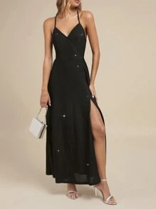 SHEIN Clasi Women's A-Line Spaghetti Strap Dress With Gold/Silver Thread, Fashion Versatile Party Dress, Autumn/Winter Christmas Party Dress Holiday Dress Elegant Dress Christmas Party Dress Dress Dresses For Women - Black - View 6