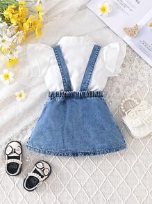 SHEIN Playful Pals 2入組嬰幼女童牛仔褲連身裙和襯衫設計套裝