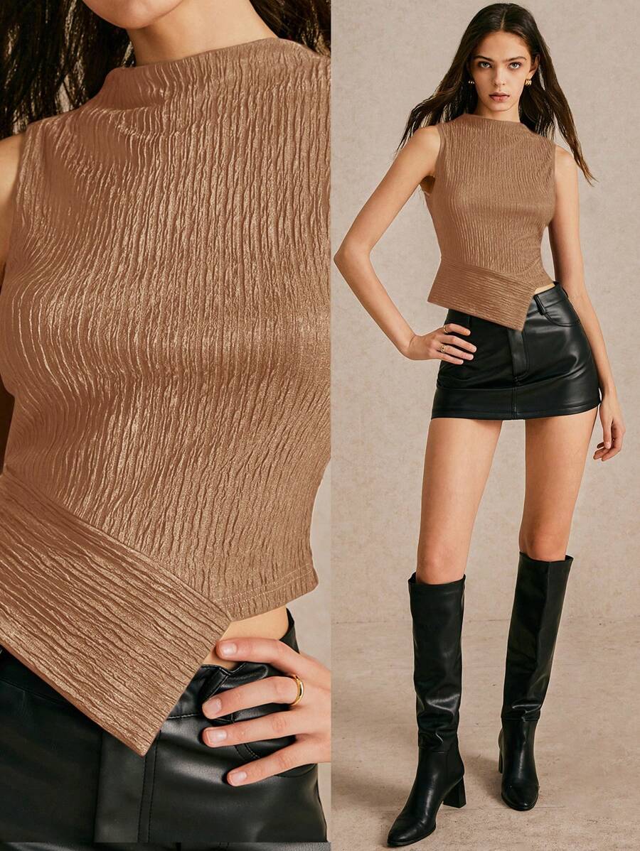 Poéselle Top ajustado de cuello alto asimétrico con textura para mujer, blusas, blusas de punto texturizadas asimétricas, blusas cortas, vestimenta de oficina informal para mujer, disfraces de Halloween, ropa de mujer para el otoño