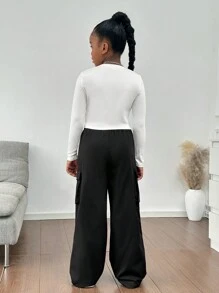 Conjunto de 2 piezas para niñas preadolescentes: Camiseta de manga larga ajustada con estampado de retrato y pantalones de utilidad de unicolor, conjunto de ropa informal para otoño/invierno