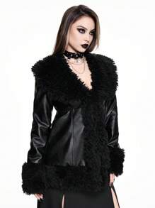 ROMWE Goth 感恩节女士服装：复古哥特式闪亮皮革拼布毛茸茸修身夹克