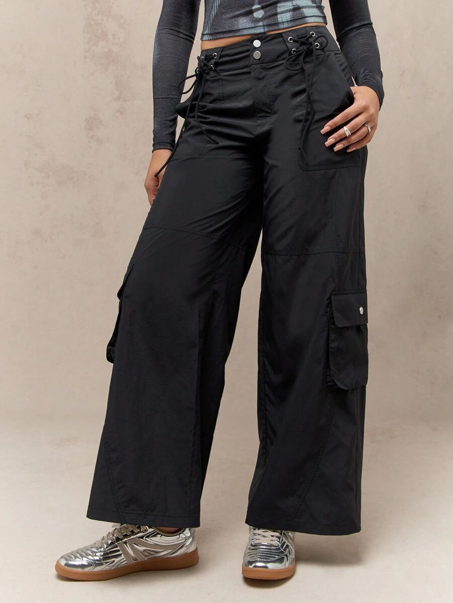 MISSGUIDED 高腰工装裤阔腿系带腰街头风战斗实用裤节日狂欢裤全季时尚个性口袋 - 黑色 - 查看 1