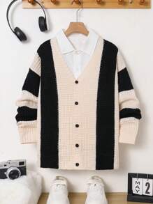 Tween Boy Casual Korean Style Loose Contrast Stripes Button Front Cardigan, Suitable For Autumn, Winter And Spring, Fit For Outdoor Play, School, Street, Party And Casual Wear - Multicolor - View 4