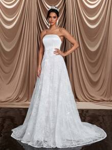 Glamrae 优雅奢华米色露肩缎面拼布亮片蕾丝花卉贴花连衣裙，带拖尾，适合婚礼、派对、单身女士派对、度假、舞会、白色新娘礼服 - 米色 - 查看 5