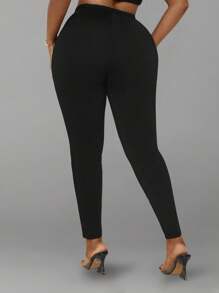 Maweii Plus Size Women Solid Color High Waisted Contrast Color Faux Leather Leggings - Black - View 2