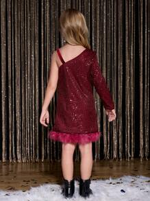 Modisches Partykleid für kleine Mädchen, Paillettenkleid aus Tüll, Prinzessinnenkleid für Kleine Mädchen im Winter, rotes glänzendes Plüschkleid - Rot - Übersicht 2