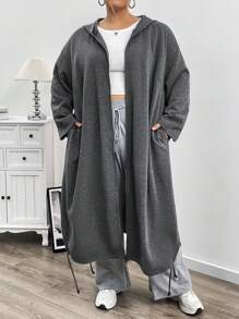 SHEIN CURVE+ 大码女式秋冬拉链斜口袋连帽运动衫夹克 - 灰色 - 查看 8