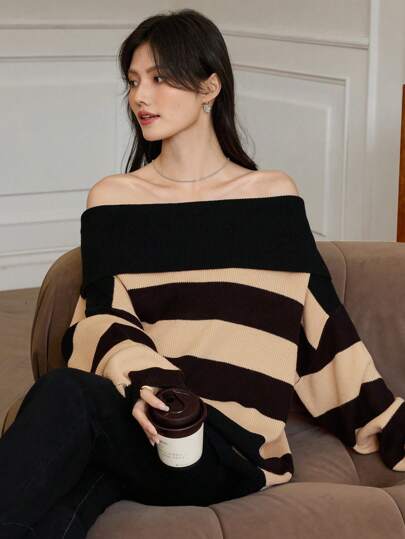 DAZY 1ชิ้น เสื้อสเวตเตอร์มินิมอล แขนยาวลายทาง คอปกเทิร์นโอเวอร์ ทรงโอเวอร์ไซส์สำหรับผู้หญิง, ชุดลำลองใส่ได้ทุกวัน, เสื้อเปิดไหล่สำหรับฤดูใบไม้ร่วง