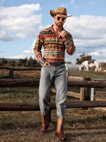 Manfinity Nomadique Men's Geometric Graphic Colorful Print Long Sleeve Single-Breasted Casual Shirt, Autumn,Western Cowboy Style Blue Shirt, For Hunting, Husband - Multicolor - View 3
